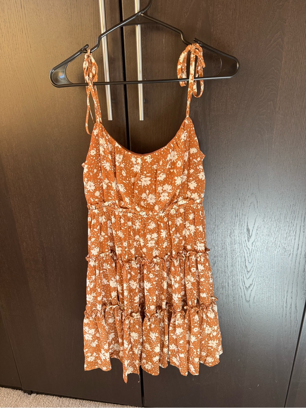 Rust Floral Tie-Shoulder Tiered Sundress • S